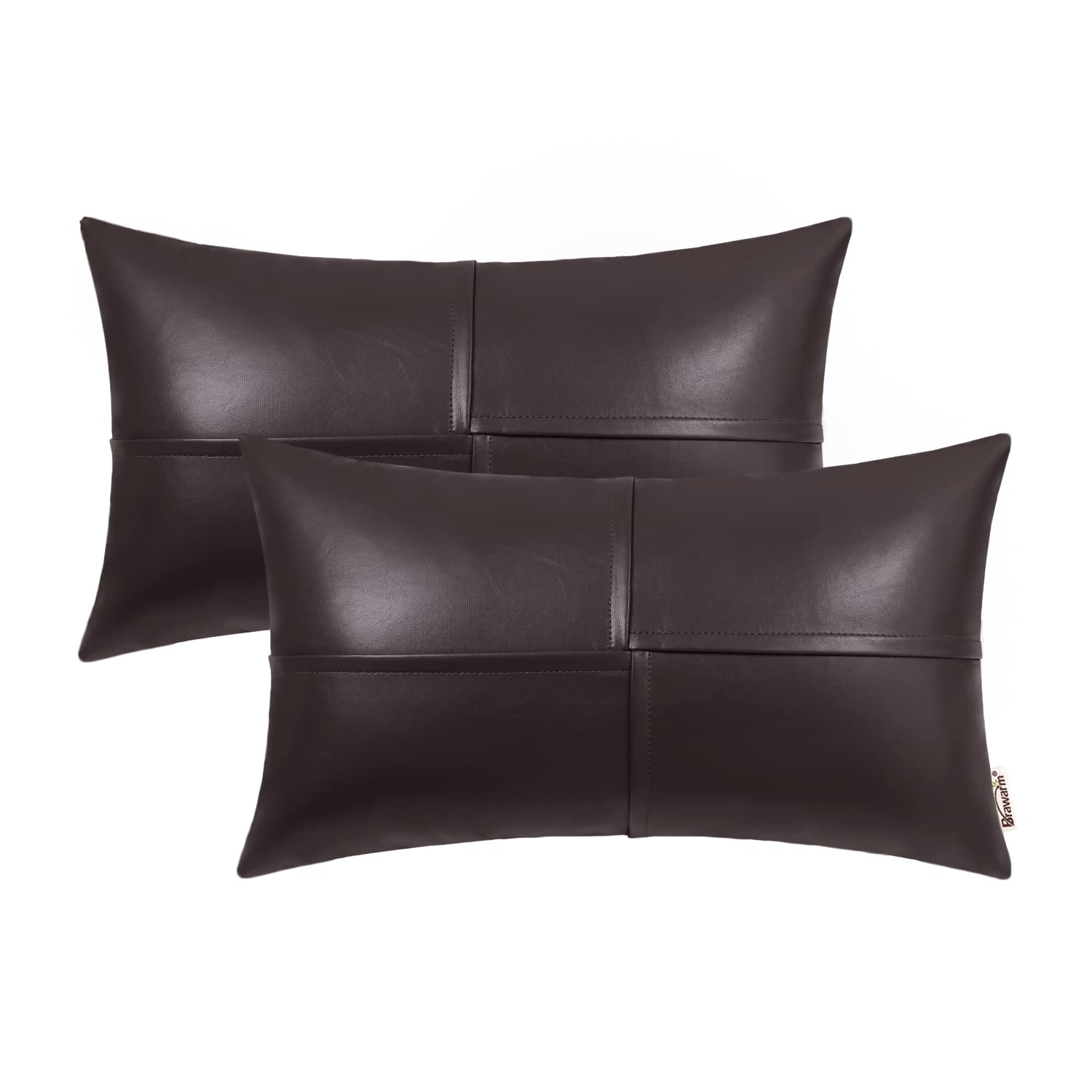 Brawarm Faux Leather Throw Pillow Covers 12 X 20 Inches, Brown Leather Lumbar Pillow Covers Pack Of 2, Hand Stitched Leather Dec